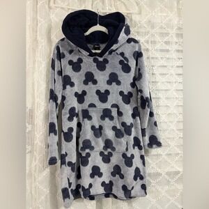 Disney Mickey Mouse Fleece Hoodie Dress Grey Navy‎ Blue Faux Fur Sherpa Hood Med